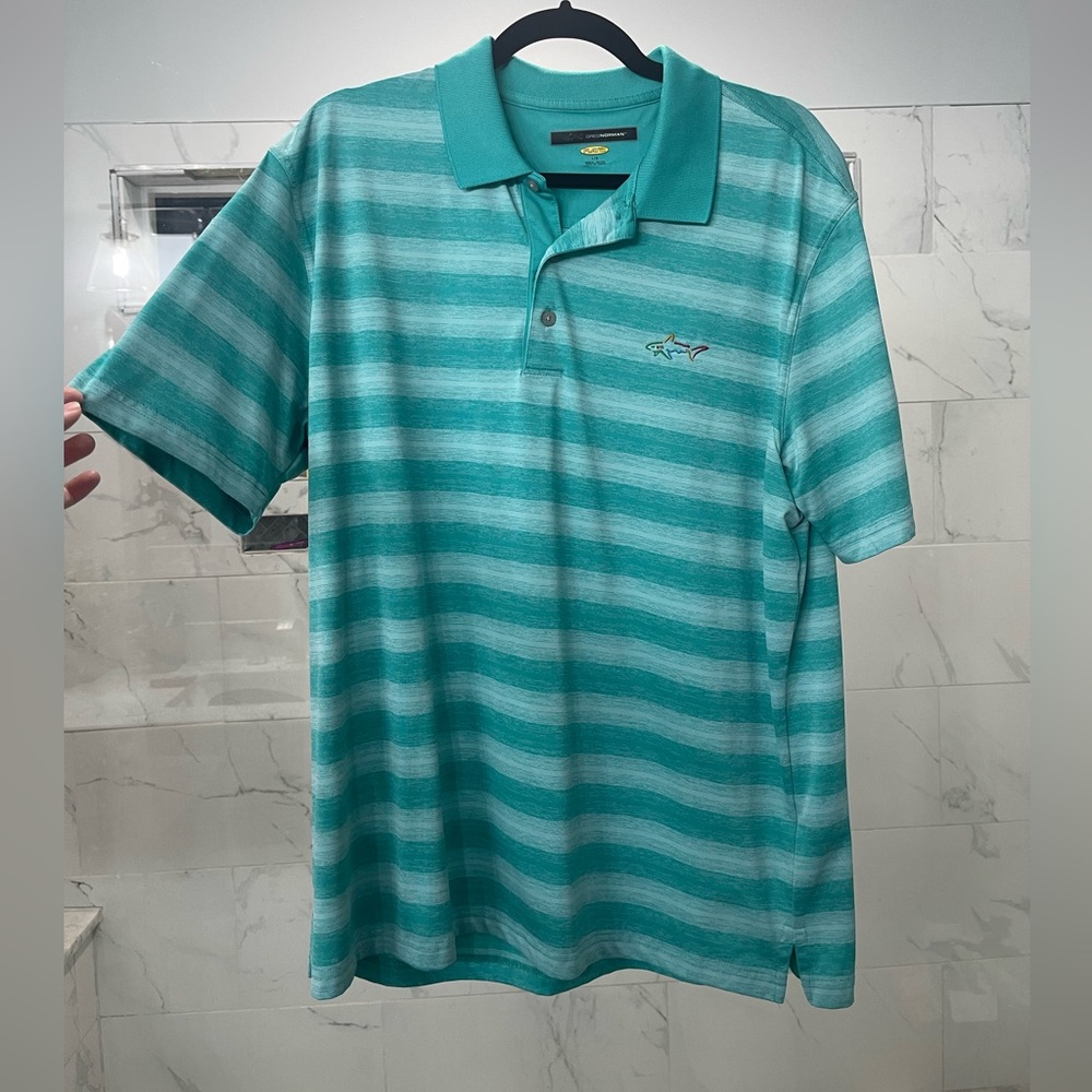 Men’s turquoise striped dry fit collared shirt. Size large